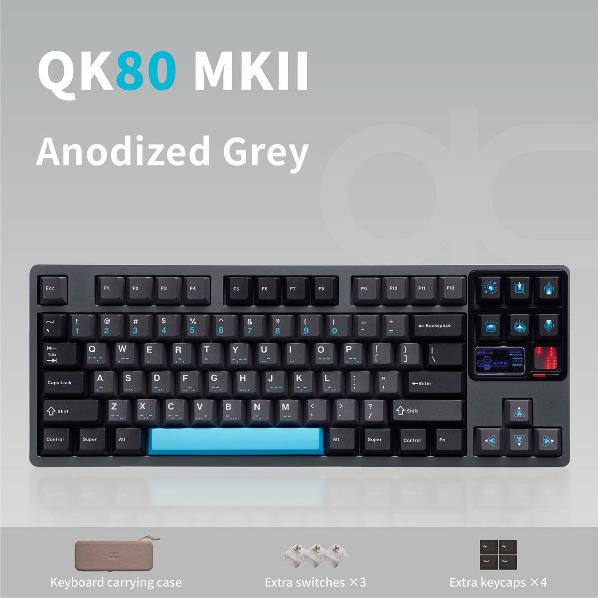 Qwertykeys QK80 Mk2 prebuilt keyboard in Anodized Grey, top view