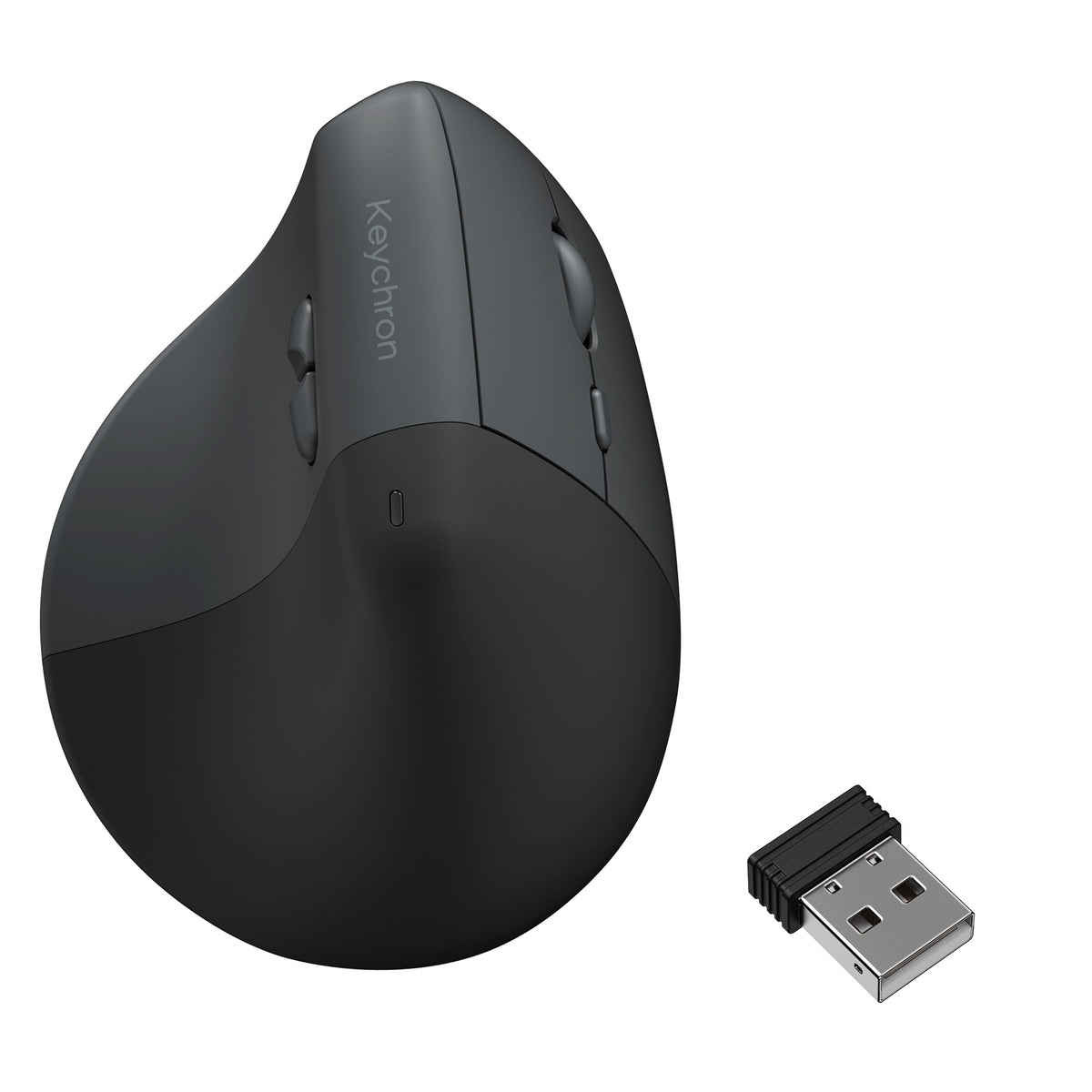 Keychron BM27 Wireless Ergonomic Mouse in Space Gray with USB receiver, front view