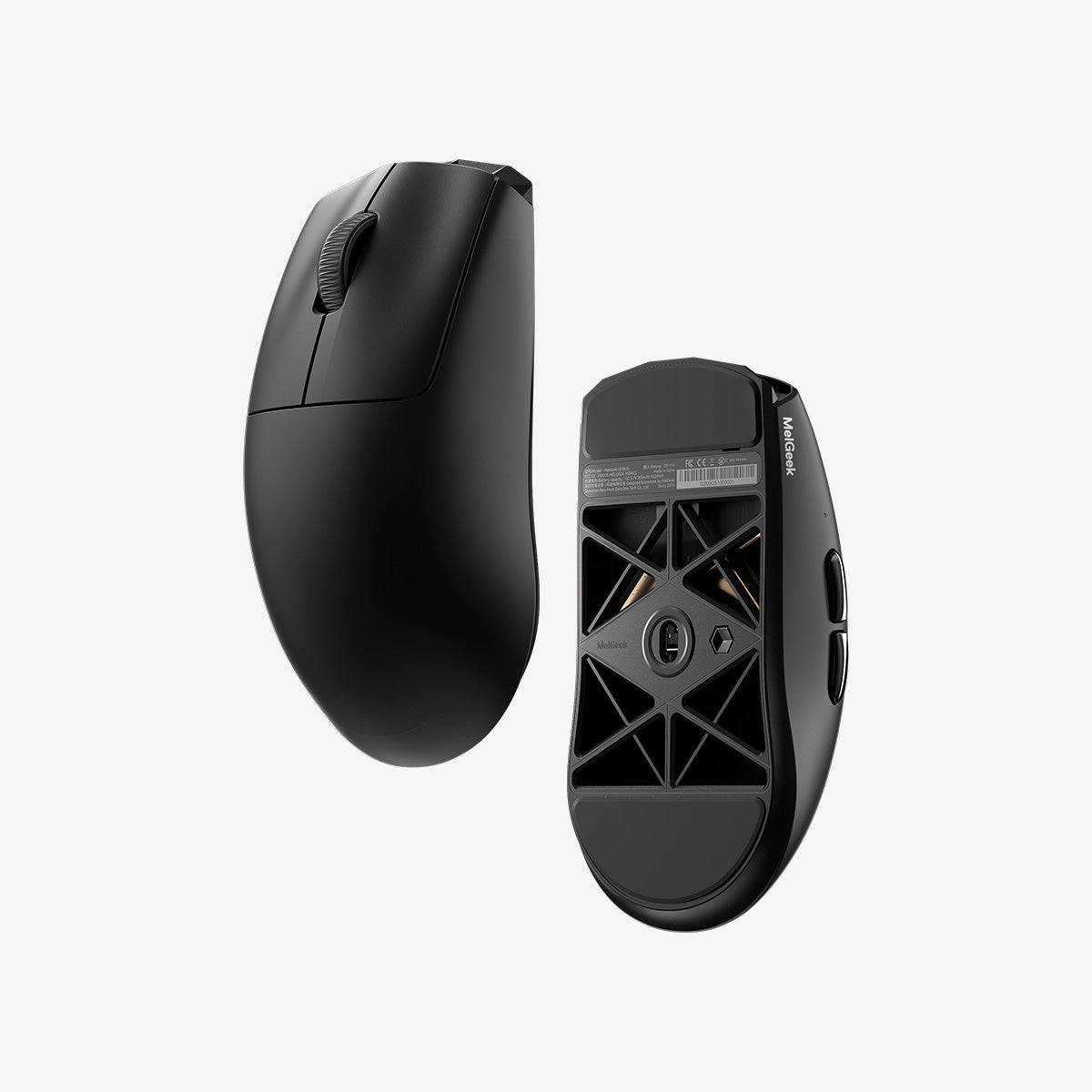 MelGeek Horus gaming mouse in black, top and underside