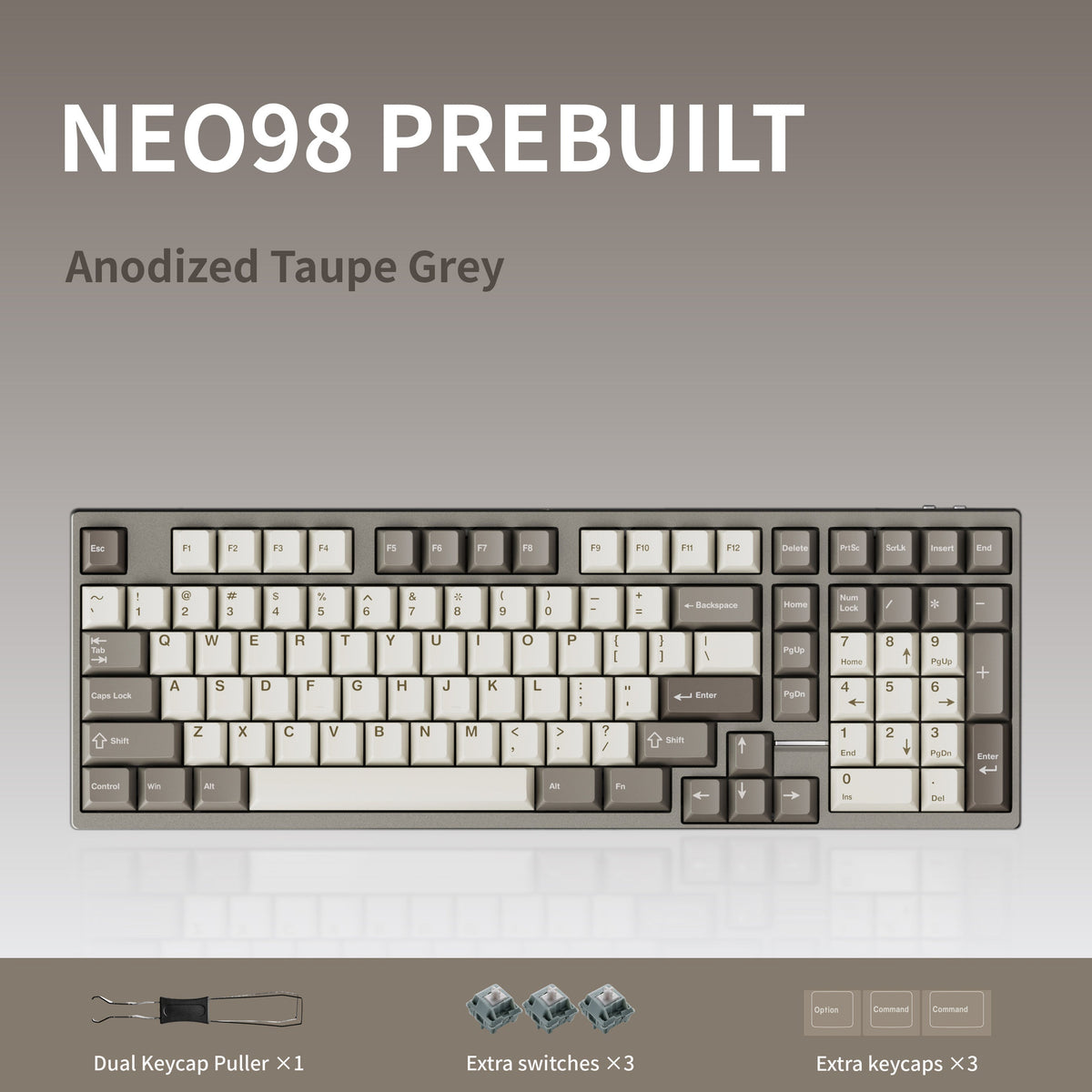 Neo98 prebuilt keyboard in Anodized Taupe Grey, top view