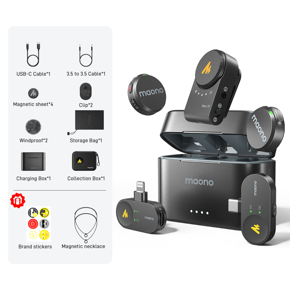 MAONO T5 combo kit with camera, Lightning and USB-C receivers, two transmitters, charging case and accessories