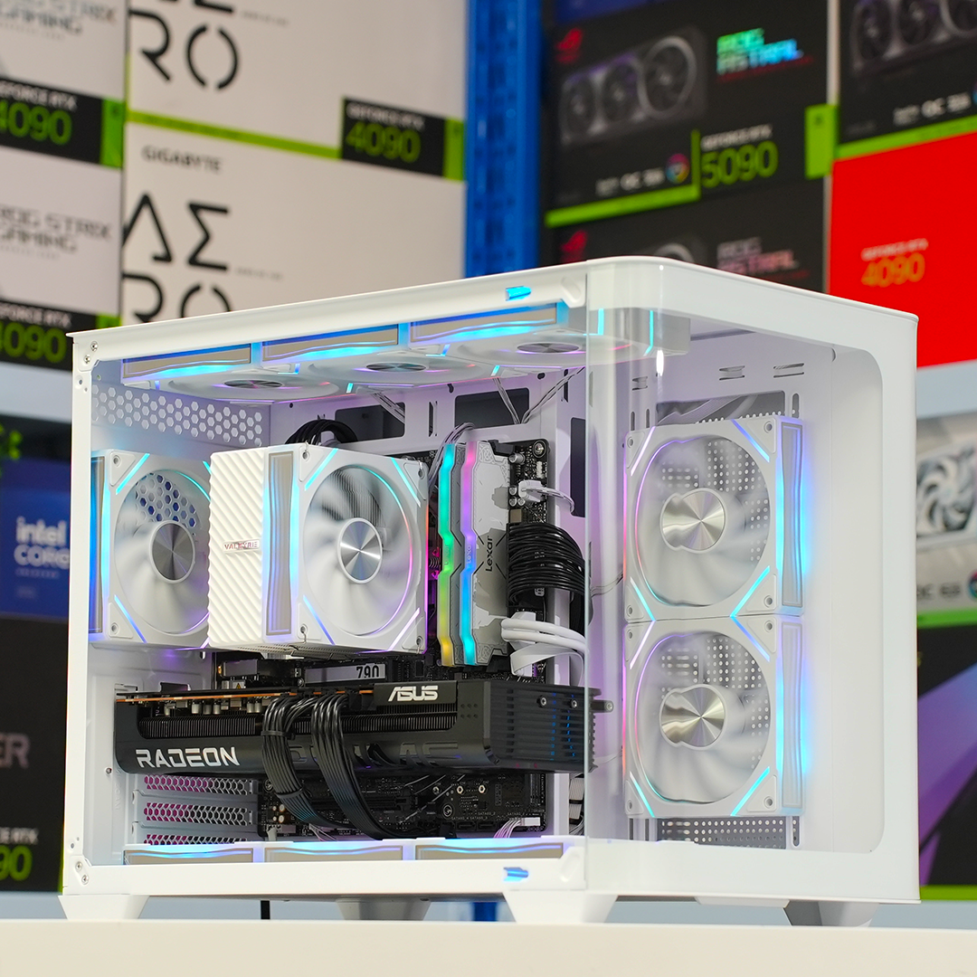 Delta Elite White gaming PC featuring Ryzen 5, RX 9070XT and RGB components in a sleek white case.