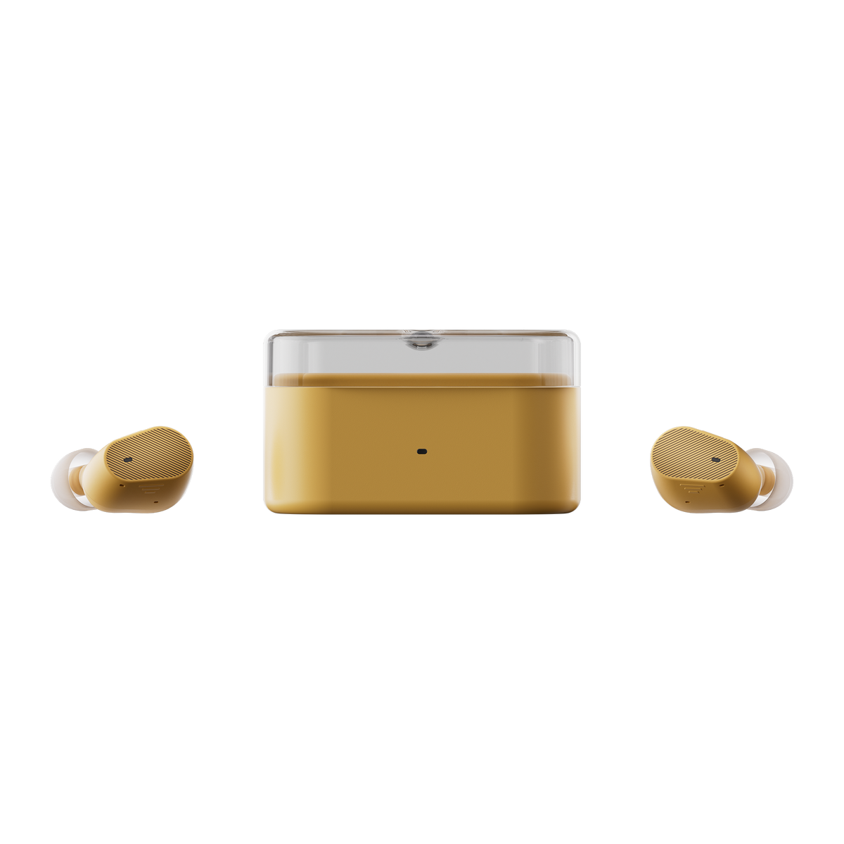 MOONDROP Pudding in Yellow, earbuds beside case