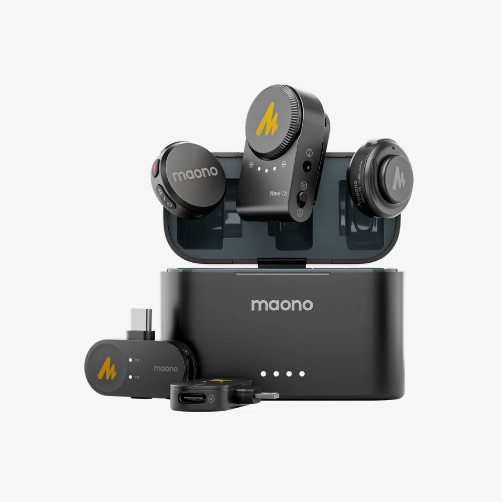 MAONO T5 transmitters and camera receiver above the charging case with USB-C receiver