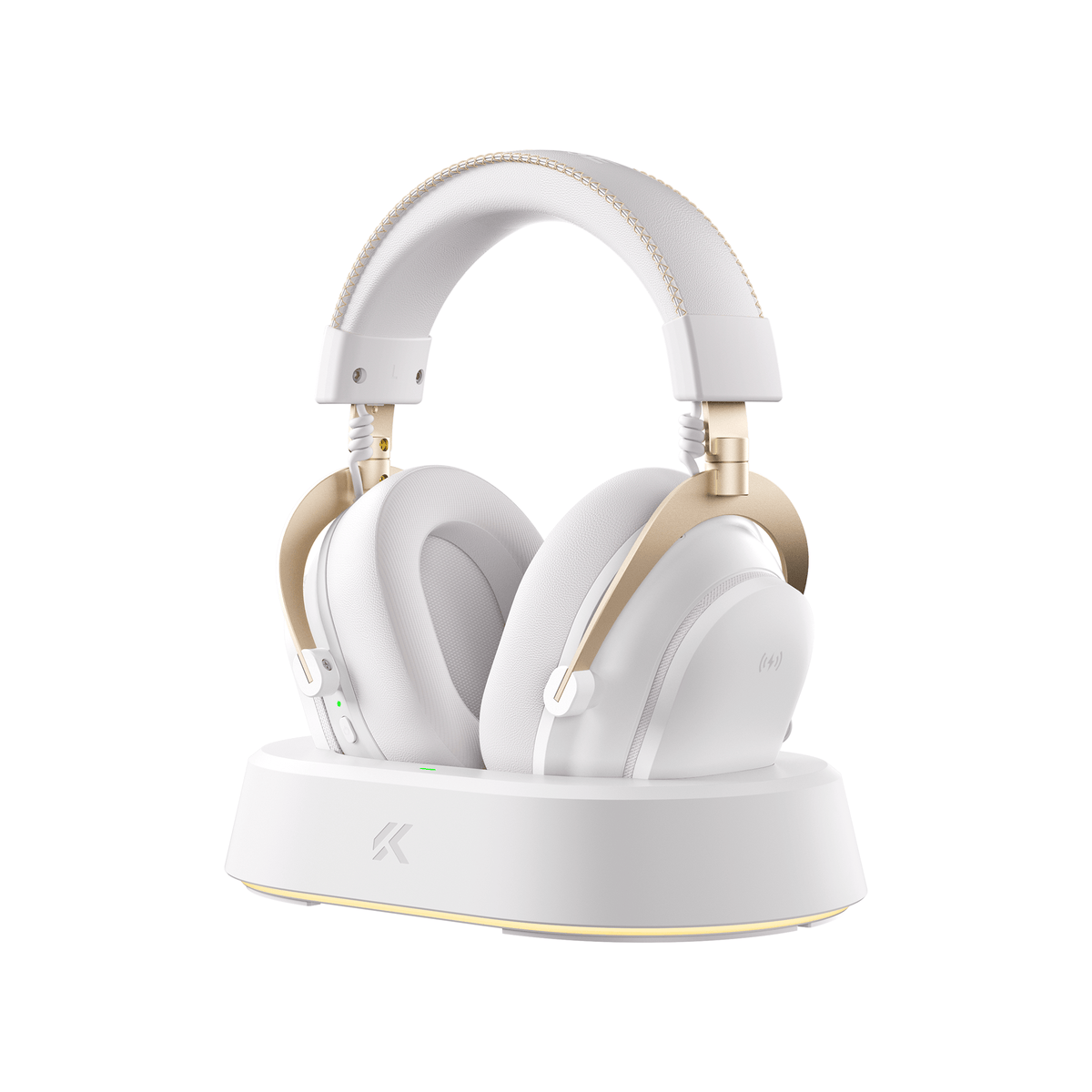 MCHOSE V9 Turbo+ headset in White Gold on its RGB magnetic charging dock