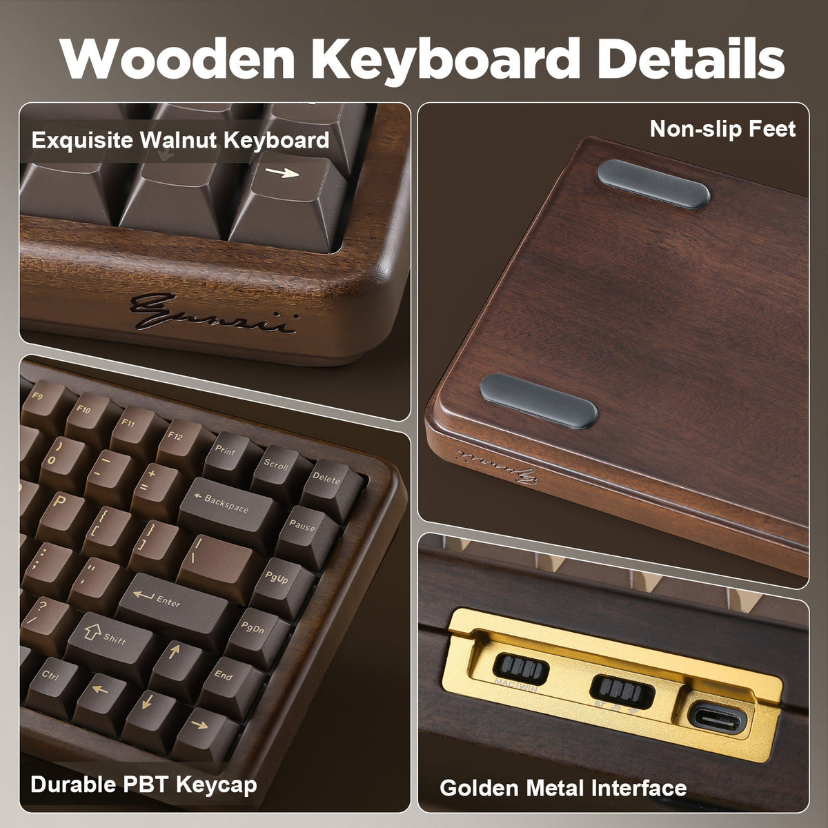 YUNZII WOOD84 details: walnut case edge, PBT keycaps, non-slip feet, rear switches and USB-C port