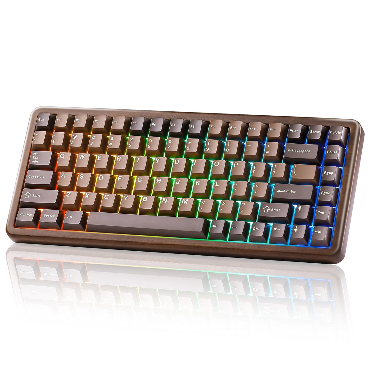 YUNZII WOOD84 keyboard with RGB lighting, angled view