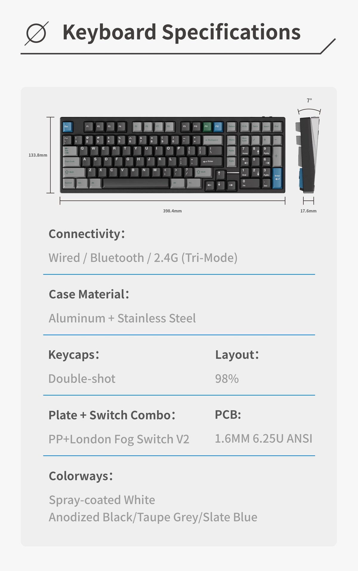Neo98 dimensions: 398.4 x 133.8 mm, 17.6 mm front height, 7 degree angle