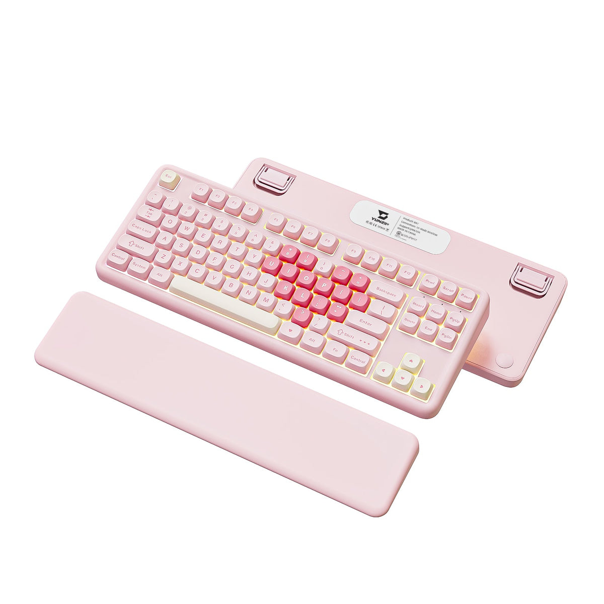 YUNZII B87 in Pink with wrist rest, angled view