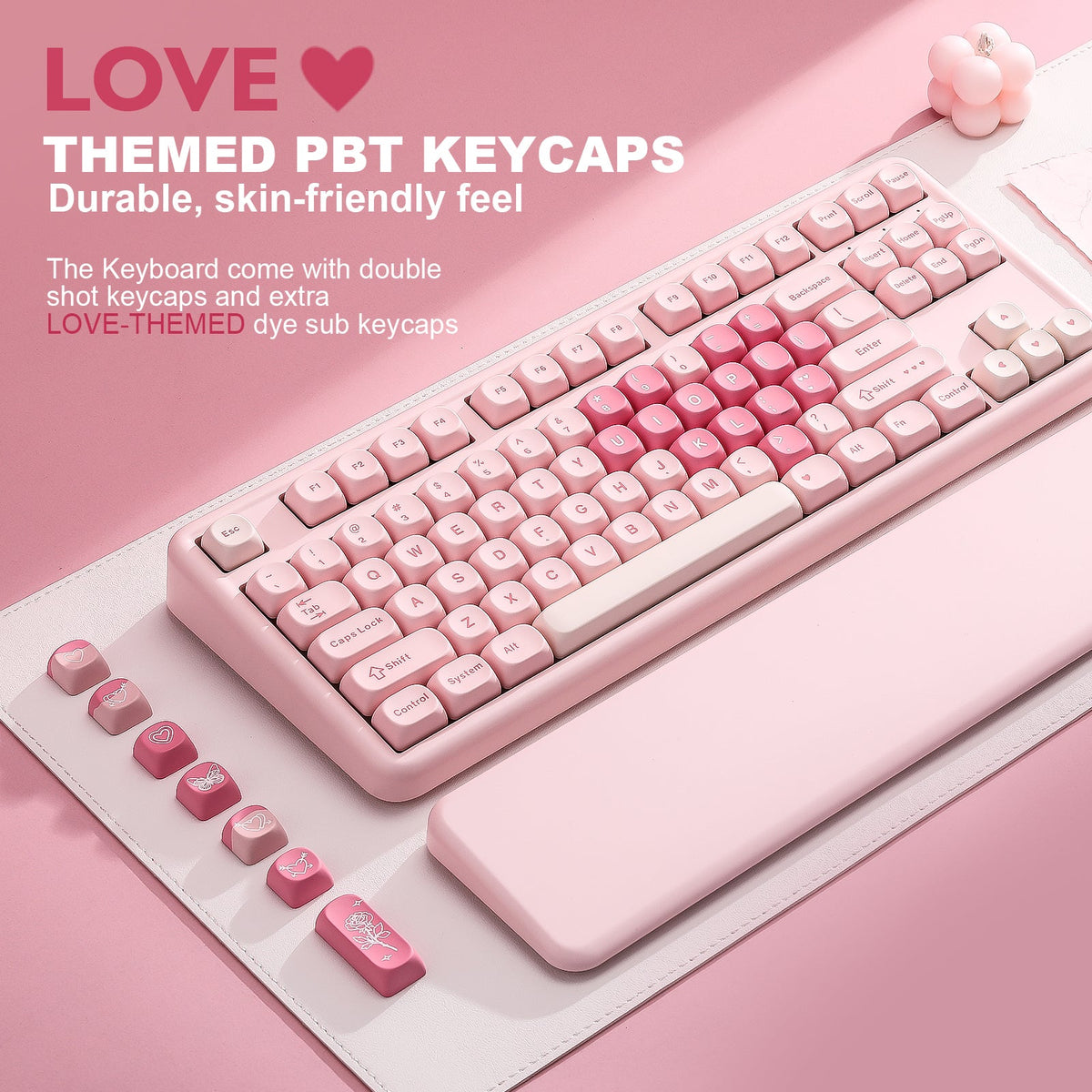 B87 Pink heart-themed PBT keycaps