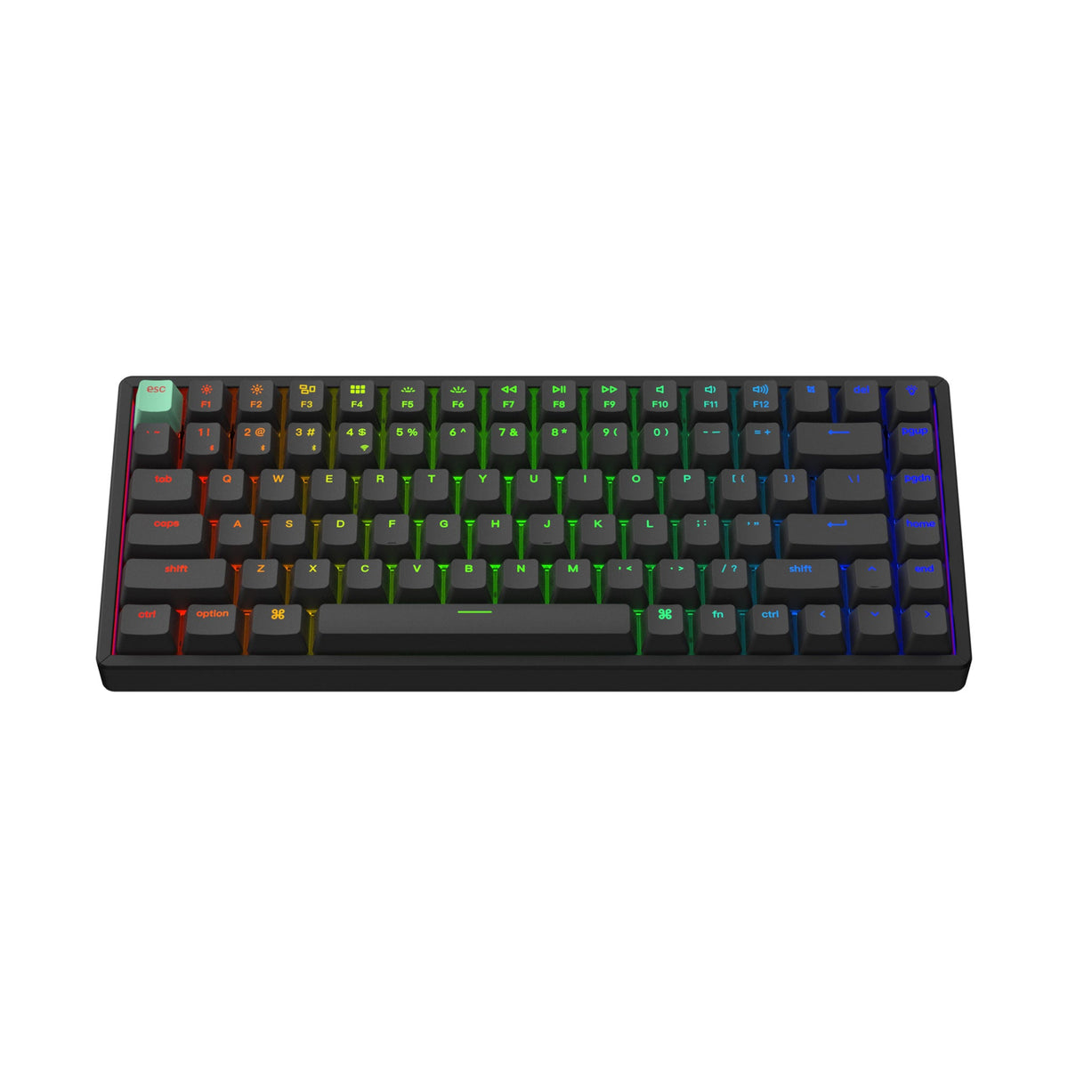 Black shine-through keycaps fitted to a Keychron K2 HE with RGB backlight on (keyboard not included)