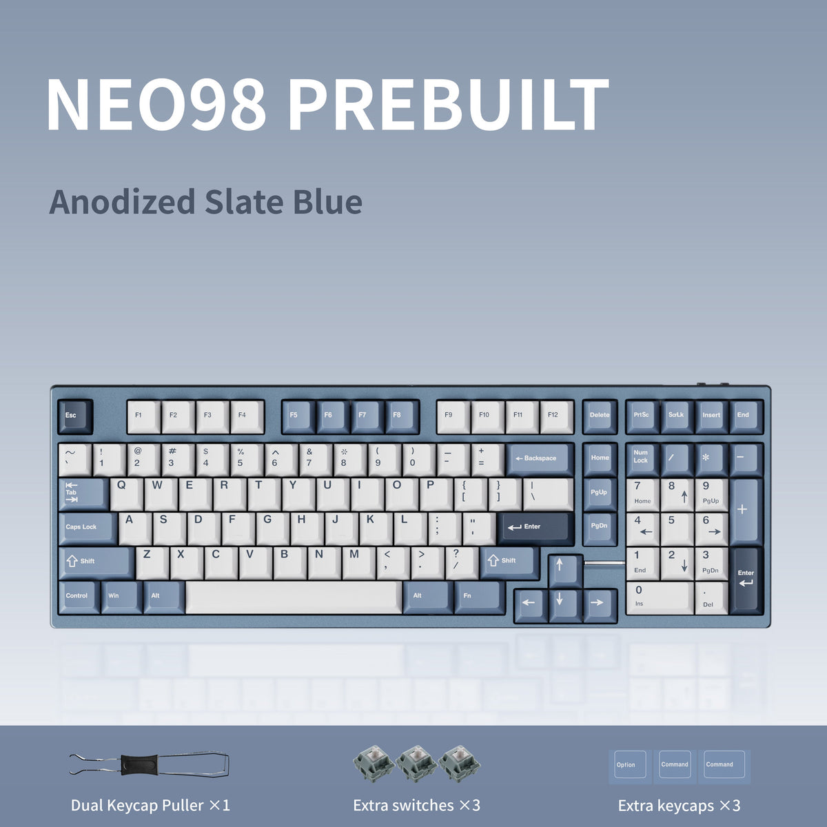 Neo98 prebuilt keyboard in Anodized Slate Blue, top view