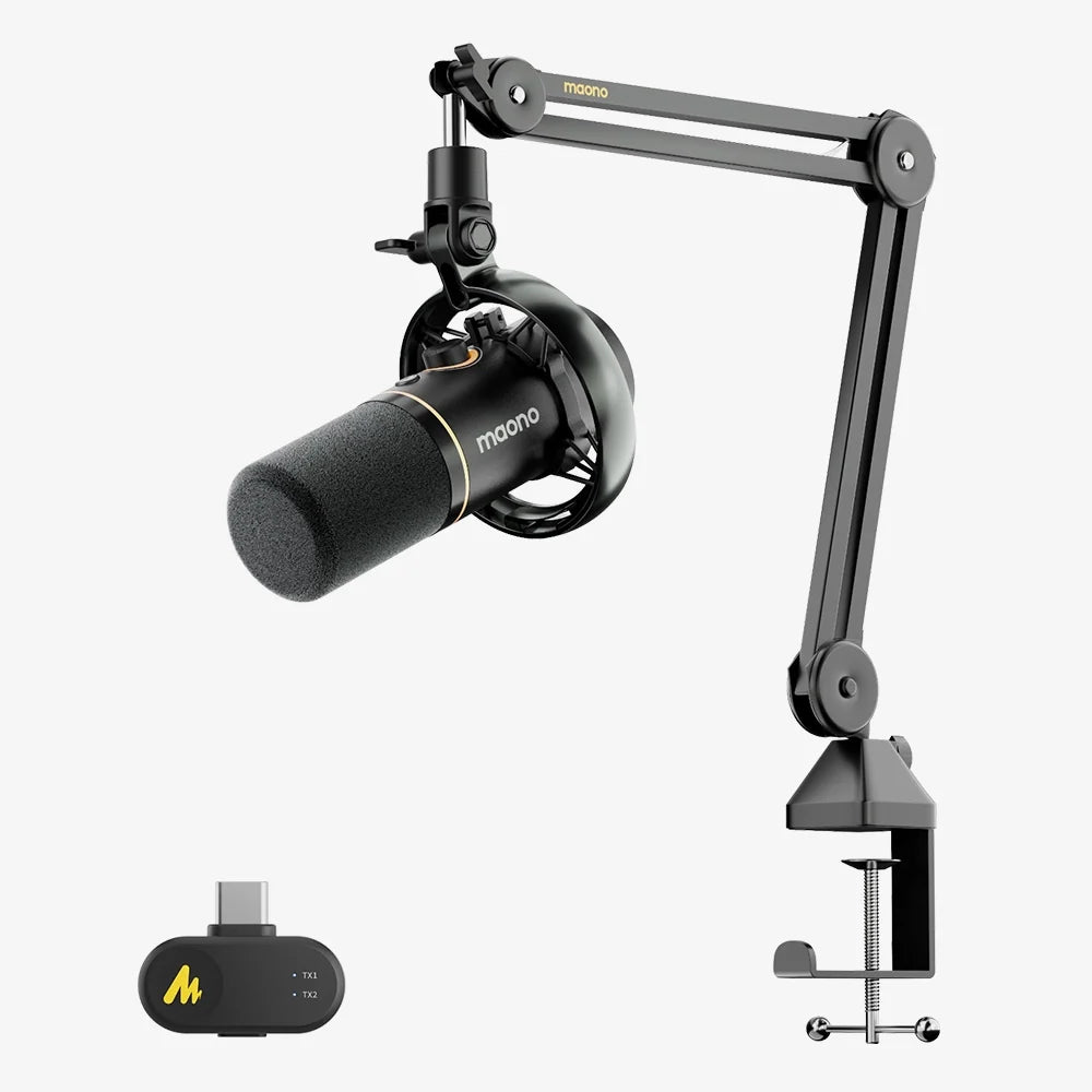 MAONO PD200W microphone in Black on the BA37 boom arm with USB-C receiver
