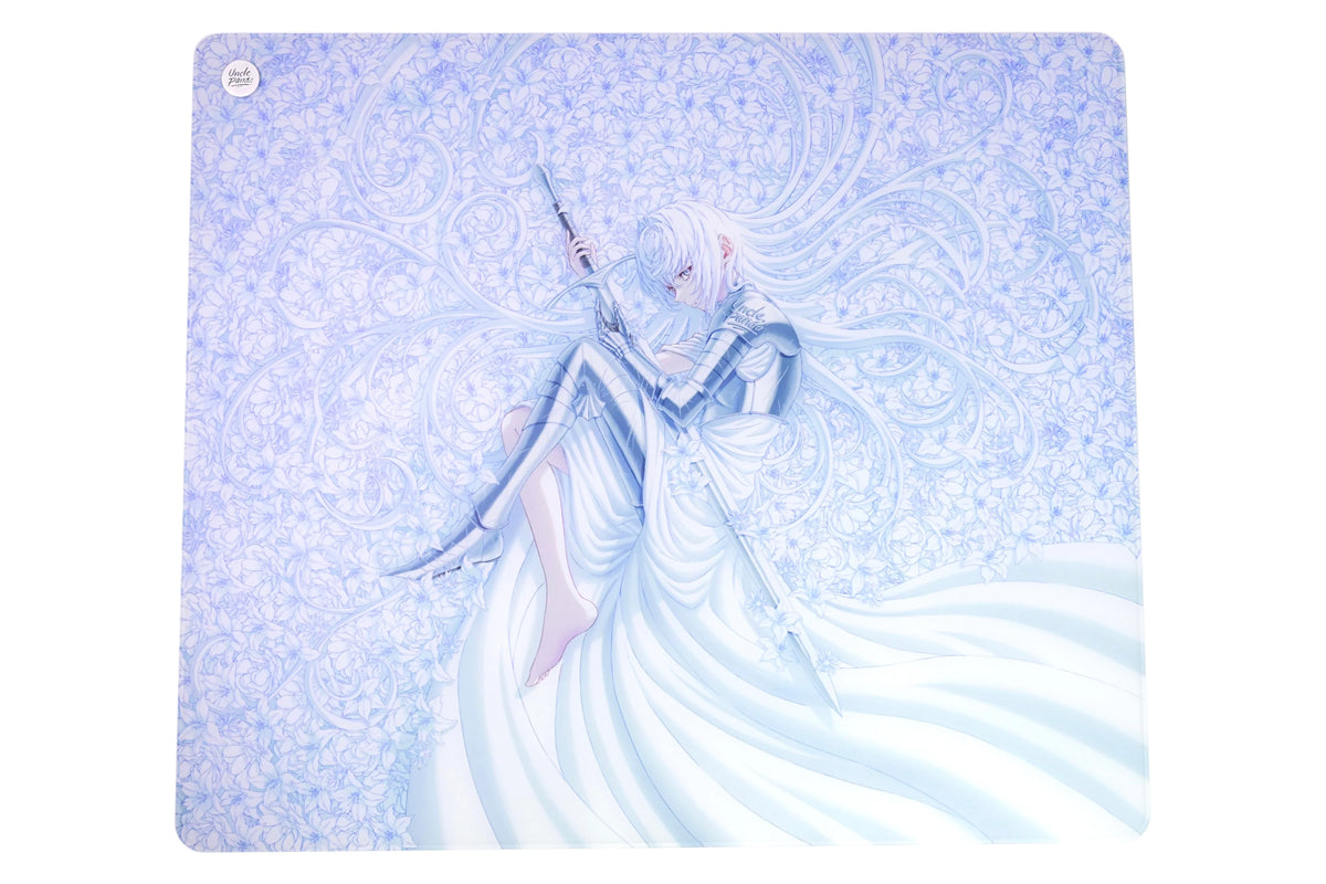Uncle Panda P-LUCK V2 glass mousepad, top view, pale blue floral artwork with a white-haired armoured figure