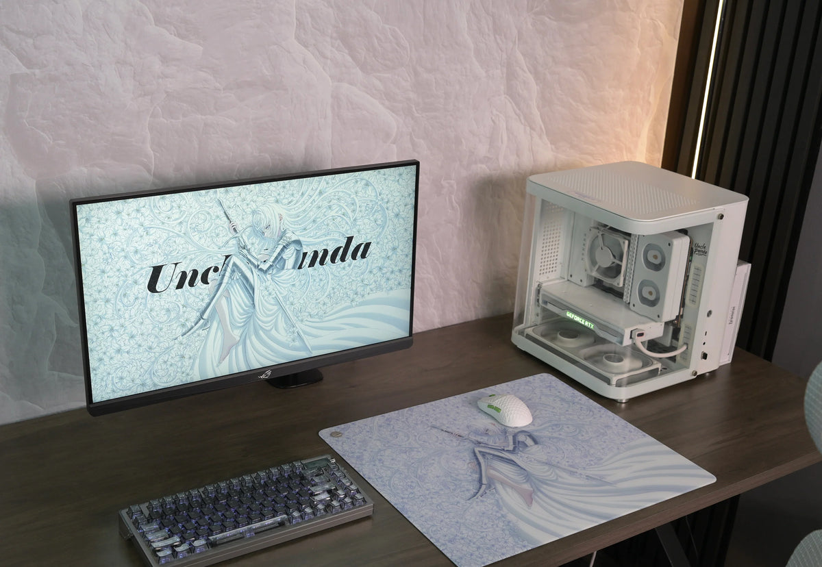 P-LUCK V2 in a desk setup with a white PC and monitor