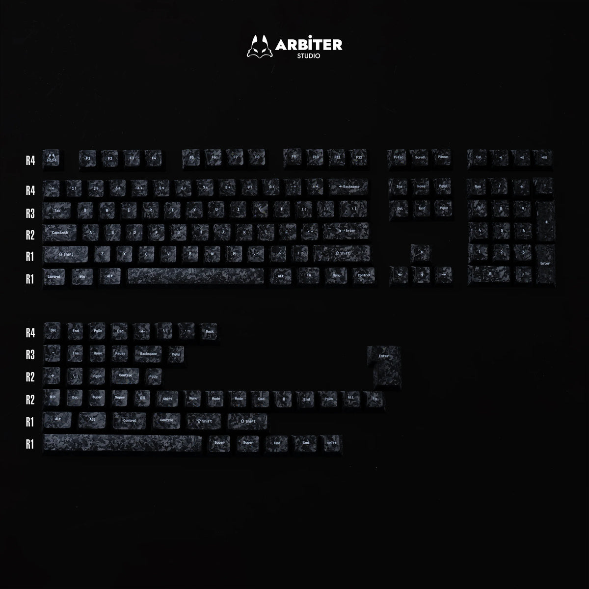 Arbiter Studio carbon fibre textured keycap set, all 156 keys laid out