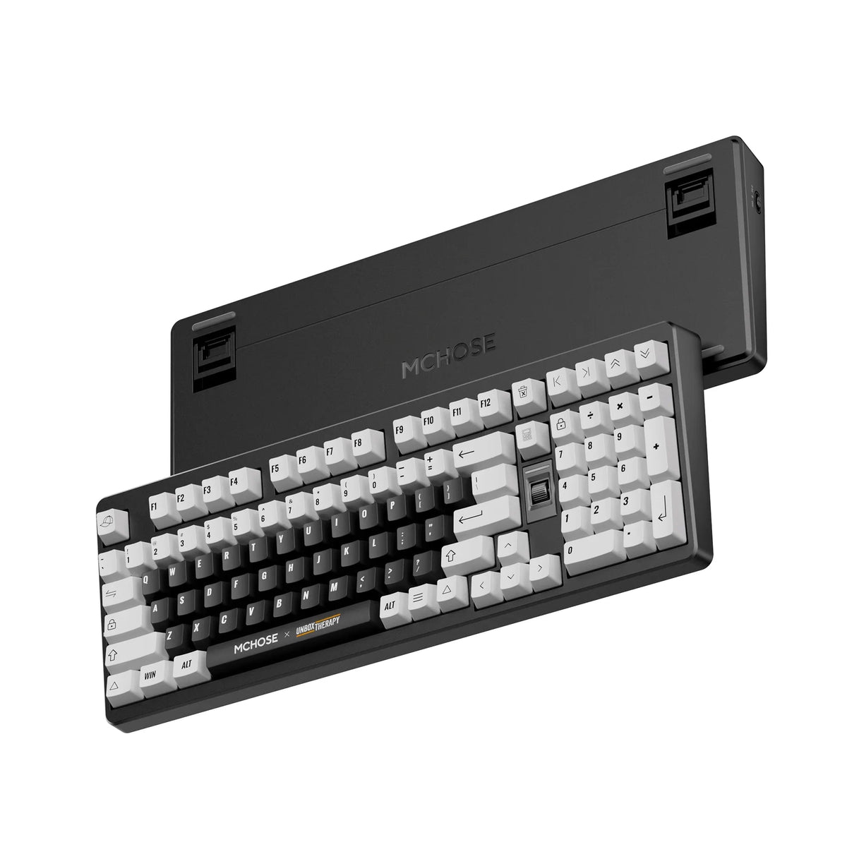 MCHOSE x Unbox Therapy UT98 keyboard in Classic Therapy, angled front and back view