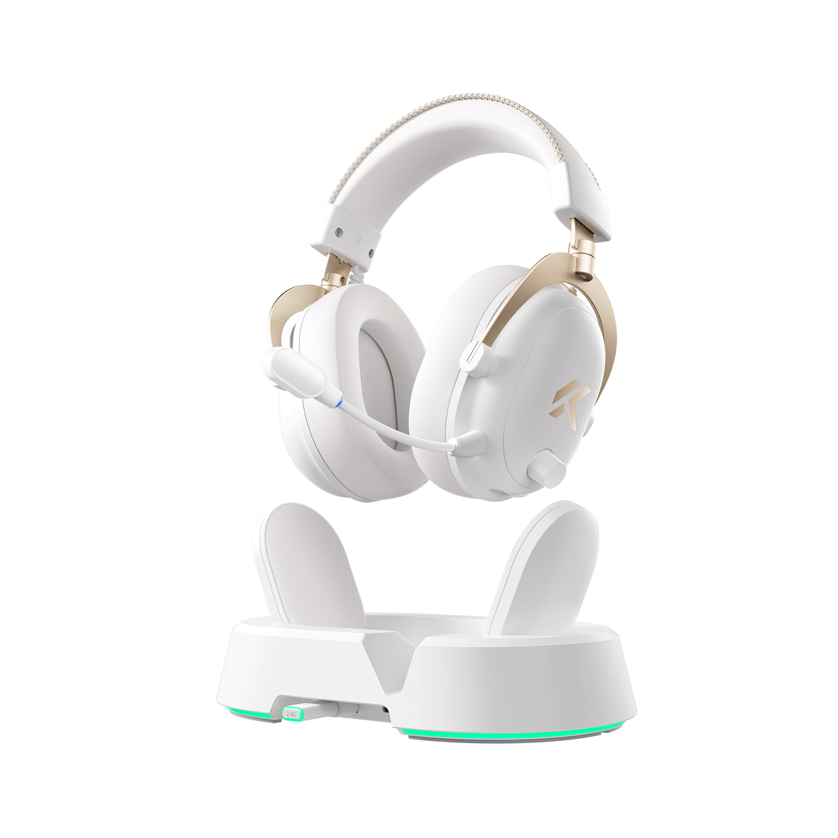 MCHOSE V9 Turbo+ headset in White Gold with microphone, above its charging dock