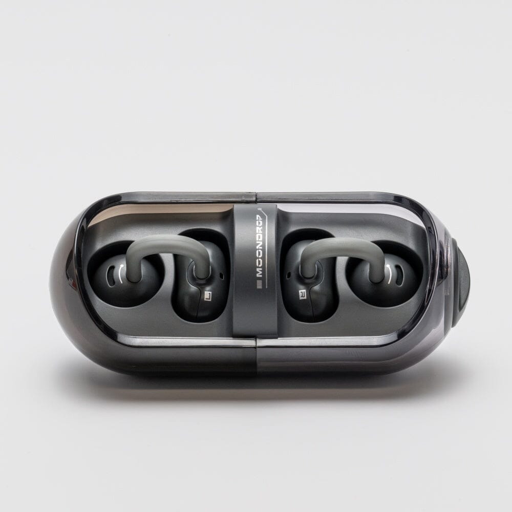 MOONDROP PILL in Black, case open with earbuds
