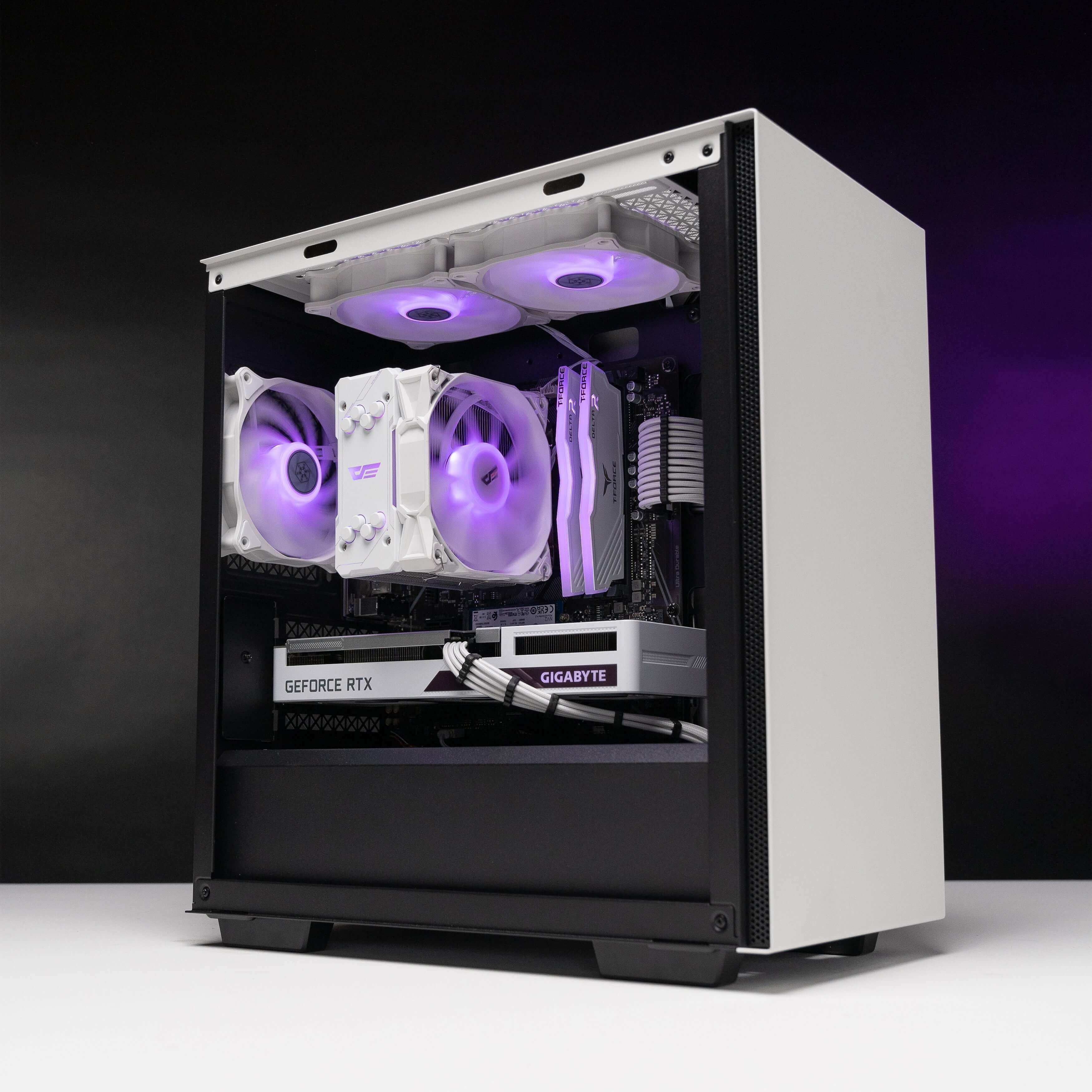 Side view of the sleek DEEP FREEZE: LVL 6 Gaming PC showcasing its Darkair Pro CPU Cooler A-RGB White and SilverStone Air Blazer 120R 120mm X3 fans